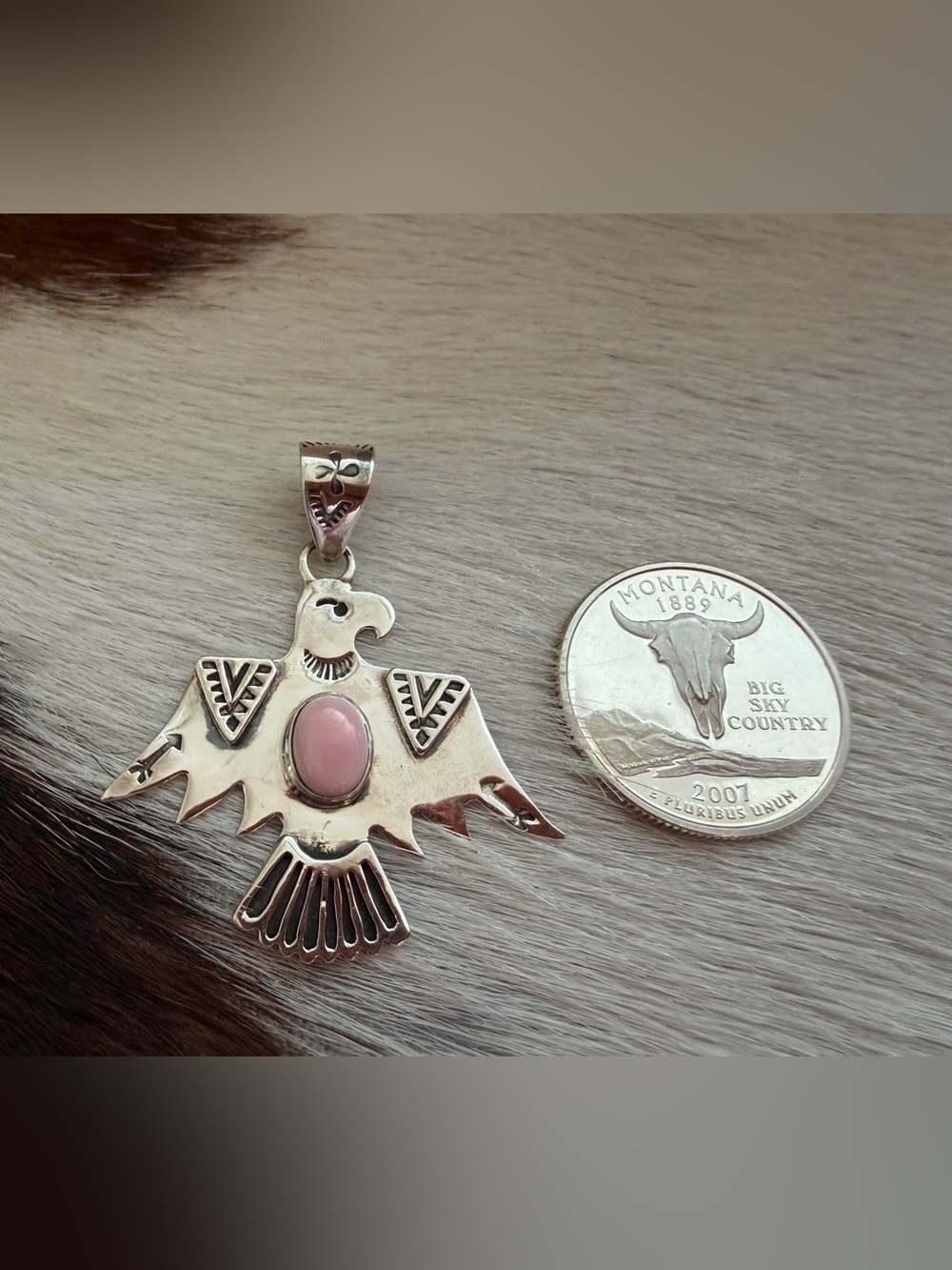 ❤️ Queen Pink Conch Hand Stamped Thunderbird Sterling Pendant Unisex 1.67”L - Picture 9 of 15